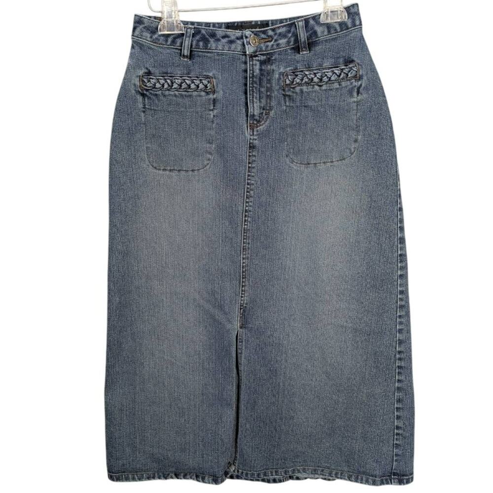 Lee Skirt Womens 4 Midi Denim Blue Braided Trim Pockets Front slit Western Boho